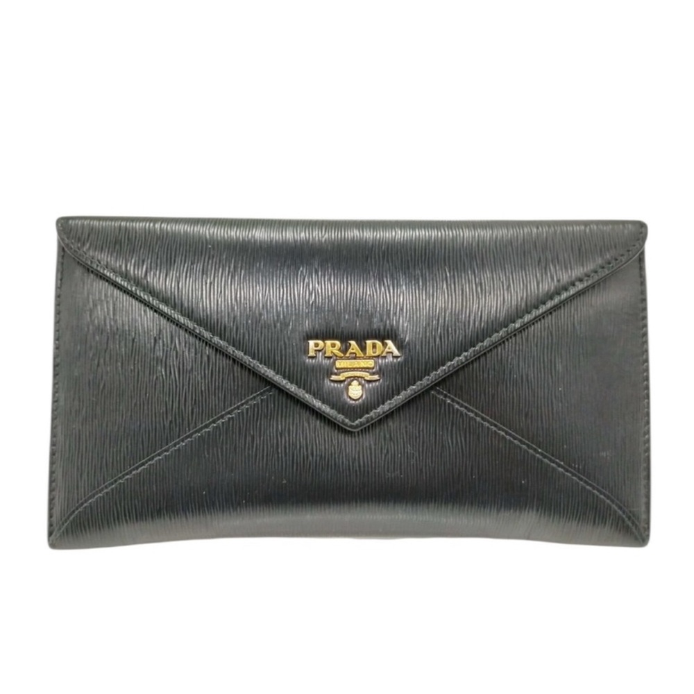 PRADA Vitello Move Leather Busta Con Pattina Envelope Wallet in Black